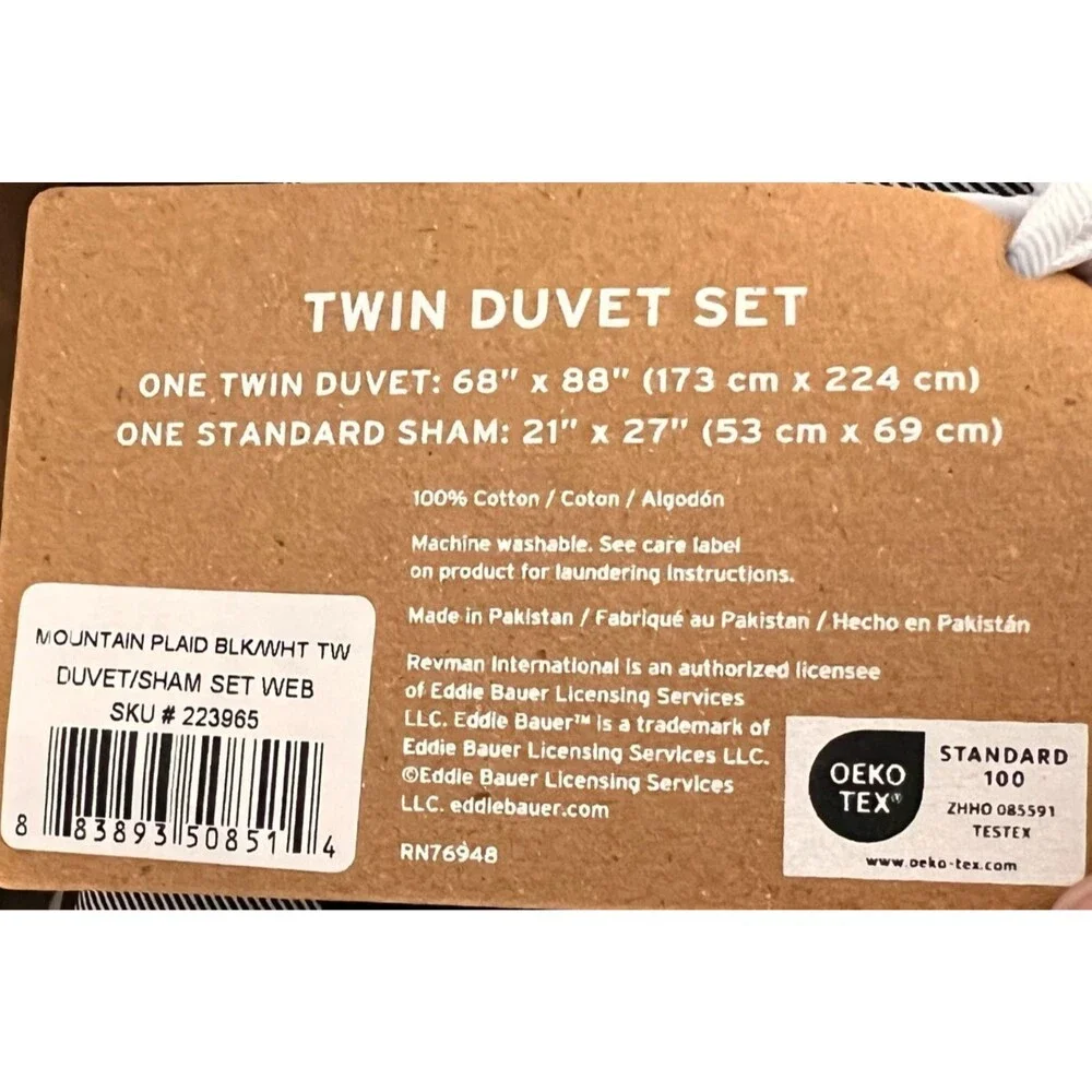 EDDIE BAUER Twin Duvet Cover Set 100% Cotton Black White Mountain Buffalo Plaid